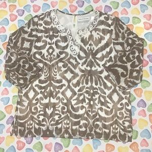 Alfred Dunner Women’s Cream Brown Sheer Tunic 3/4 Sleeves